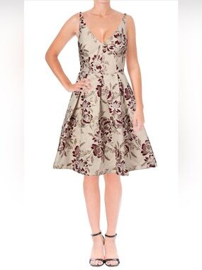 Dress the Population Floral V-Neck Midi Dress in Beige and Burgundy
